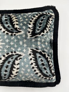 Modern, Oblong, Velvet, Ikat, Cushion With Black Silk Tassels Blue, Black And White Feather Design, 2 of 6