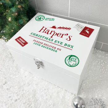 Personalised White Wooden North Pole Postal Stamp Christmas Eve Box Three Sizes 22cm | 27cm | 30cm, 6 of 7