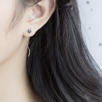 Sterling Silver Blue Crystal Star And Moon Threader Earrings, 3 of 4