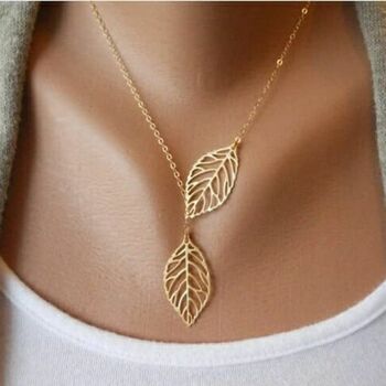 Gold Silver Plated Twin Double Tree Leaf Lariat, 3 of 8