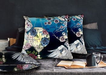 Kakuru Lanterns Japanese Lanterns With Crane Birds And Blossom Velvet Square Cushion, 5 of 10