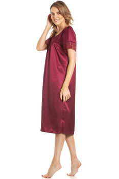 British Made Burgundy Short Sleeved Satin Nightdress With Lace Detail Ladies Size 8 To 28 UK, 3 of 5