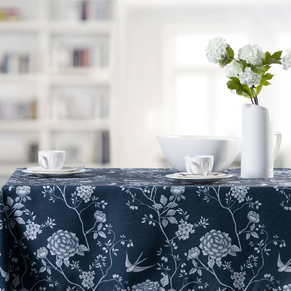Luxury Linen Like Floral Tablecloth Cecylia Navy, 1 of 7