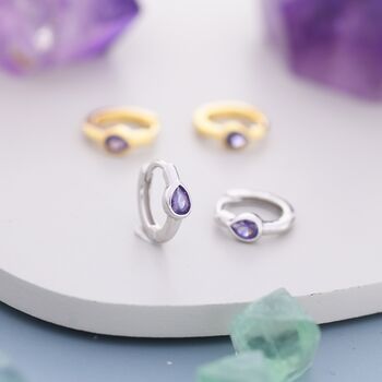 Sterling Silver Amethyst Purple Pear Cut Cz Huggie Hoop, 4 of 9