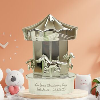 Personalised Money Box Silver Carousel Christening Gift For Children, 2 of 8