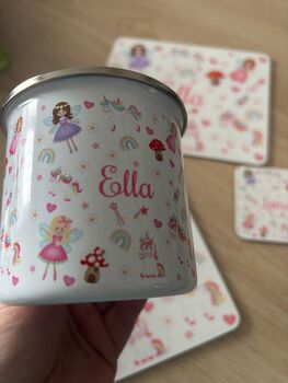 Kids Personalised Fairy And Unicorn Placemat, Coaster And Mug Dinner Set, 2 of 10