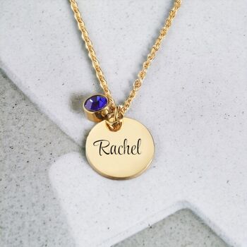 Personalised Name Round Disc Necklace Free Birthstone, 4 of 8