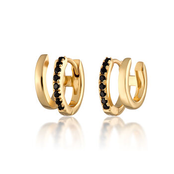 Gold Mismatched Double Huggie Earrings With Black Stones, 2 of 4