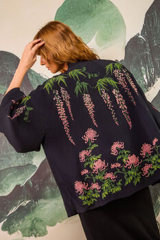 Wisteria And Chrysanthemum Black And Pink Embroidered Short Kimono, 3 of 7