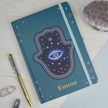 Personalised Hamsa Notebook And Crystal Pen Gratitude Diary Planner, 5 of 7