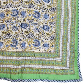 Green And Blue Floral Indian Block Printed Cotton Bed Quilt, 8 of 9