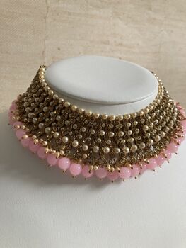 Indian Gold Plated Light Pink Pearl Choker Set, 5 of 7