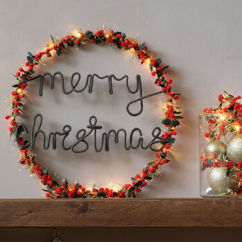 Merry Christmas Holly And Berry Fairy Light Wreath, 2 of 6