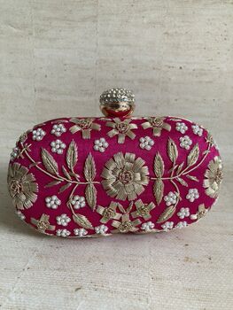 Hot Pink Raw Silk Oval Pearl Clutch Bag, 3 of 10