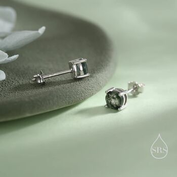 Sterling Silver Natural Moss Agate Stud Earrings, 2 of 12