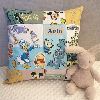 Keepsake Memory Pillow Made From Baby Clothes: Favourite Characters Patchwork Cushion Gift, 6 of 12