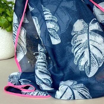 Tropical Leaf Scarf With Border In Navy Blue, 3 of 4