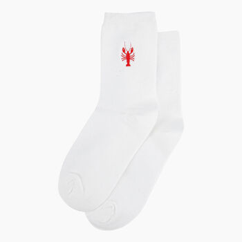 Women's Embroidered Cotton Socks Cream Red Lobsters, 2 of 5