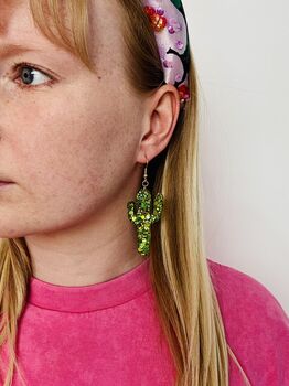 Cactus Glitter Earrings / Succulent Lover Gift Desert Aesthetic Jewellery / Looking Sharp Gift Funny Encouragement Jewellery / Boho Desert Style Gift Western Sparkle Accessory / Tropical Summer Jewel;Ery Green Glitter Gift, 5 of 5