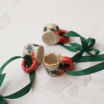 Hand Painted Mini Ceramic Mug Christmas Ornament With Christmas Berries, 6 of 6