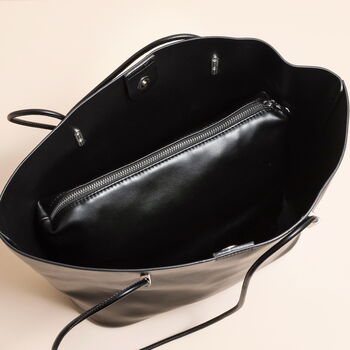 Black Vegan Leather Over Shoulder Tote Bag And Pouch, 2 of 3