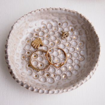 Handmade White Ceramic Ring Dish With Gold Dots, 2 of 6