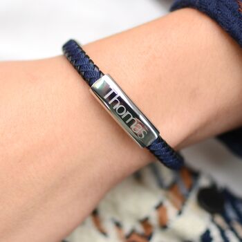 Personalised Men's Leather And Cotton Sliding Bar Bracelet, 4 of 9