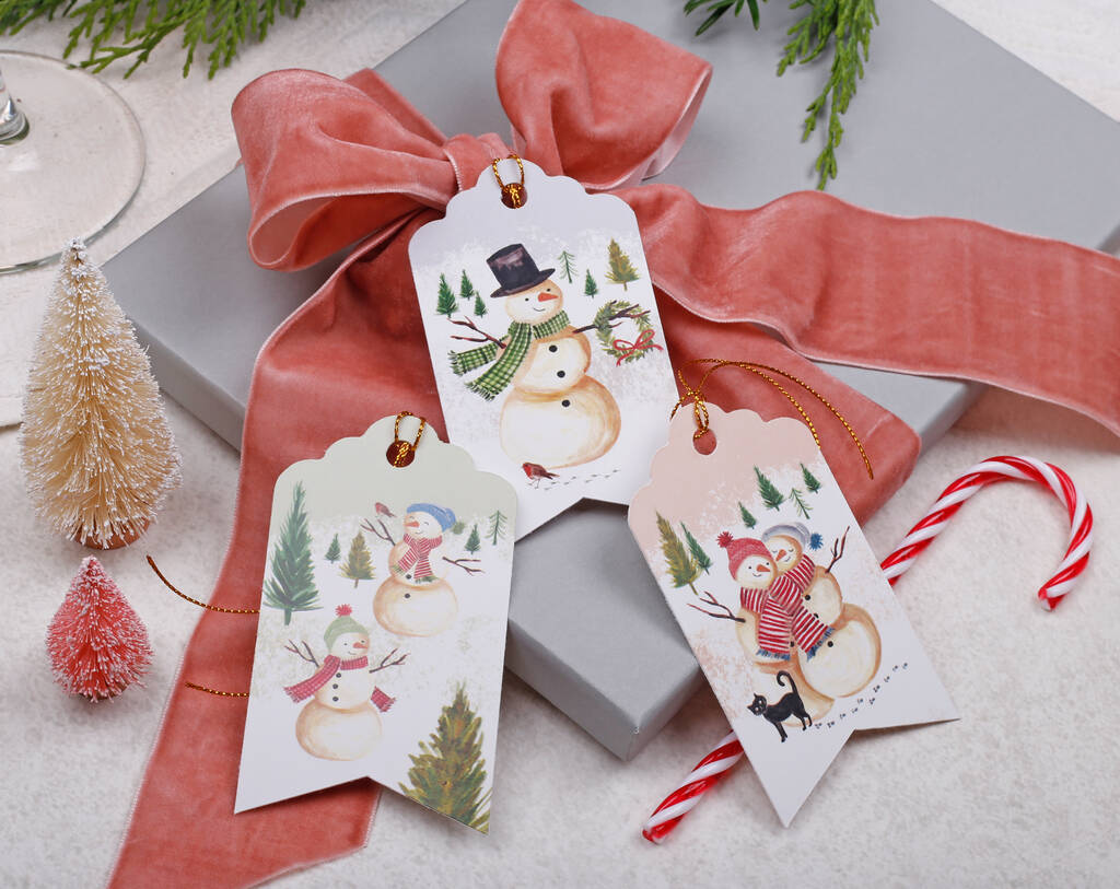 16 Christmas Gift Tags With Snowman Design And Gold Twine, 1 of 4