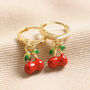 Enamel Red Cherry Charm Huggie Hoop Earrings In Gold, thumbnail 2 of 4