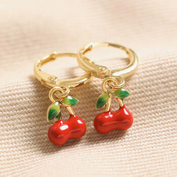 Enamel Red Cherry Charm Huggie Hoop Earrings In Gold, 2 of 4