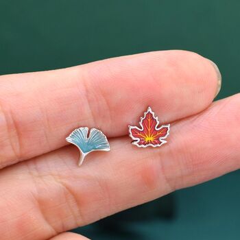 Sterling Silver Maple Leaf And Ginkgo Leaf Stud Earrings, 6 of 11