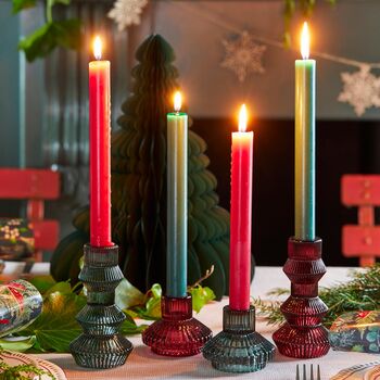 Jewel Toned Ribbed Glass Christmas Candle Stick Holders, 8 of 11