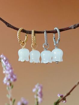 Elegant White Jade Lily Hoop Earrings, 3 of 8