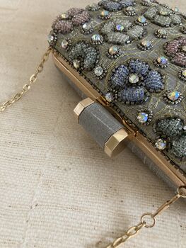 Grey Handcrafted Multicoloured Flower Rectangular Clutch, 7 of 11