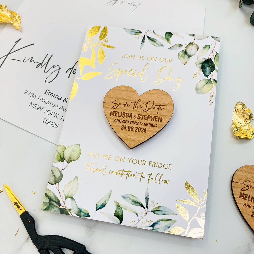 Save The Date Magnet With A Botanical Gold Foil Card, 1 of 12