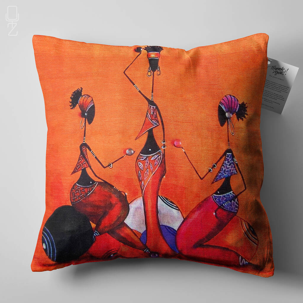 Orange Cushion Cover With Ethnic Trio African Women By OyzShop