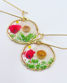 Real Daisies Poppies Circle Earrings Small Hand Made, 2 of 10