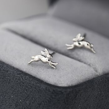 Tiny Leaping Hare Screw Back Earrings In Sterling Silver, 7 of 11