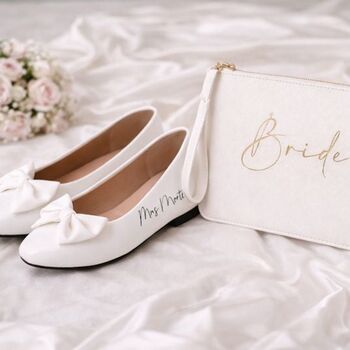 Personalised Bridal Prom White Bow Pump Slip On Flats, 5 of 6