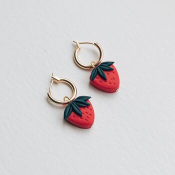 Strawberry Fruit Charm Gold Hoop Earrings, 2 of 4