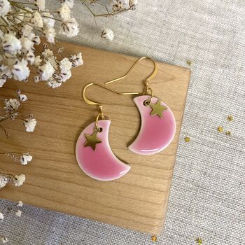 Pink Moon And Star Ceramic Earrings Gold Plated, 5 of 8