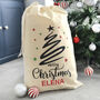 Personalised Christmas Tree Black Swirl Cotton Sack, thumbnail 2 of 3
