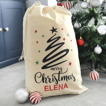 Personalised Christmas Tree Black Swirl Cotton Sack, 2 of 3