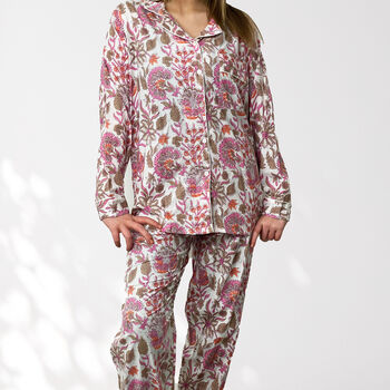 Pink And White Floral 100% Cotton Ladies Pyjamas, 8 of 9