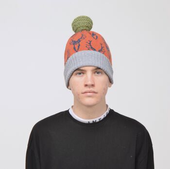 Mens Knitted Lambswool Hat Stag Head Design, 6 of 8