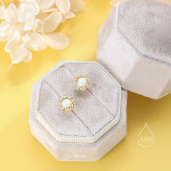 Vintage Inspired White Opal Flower Cz Stud Earrings, 2 of 11