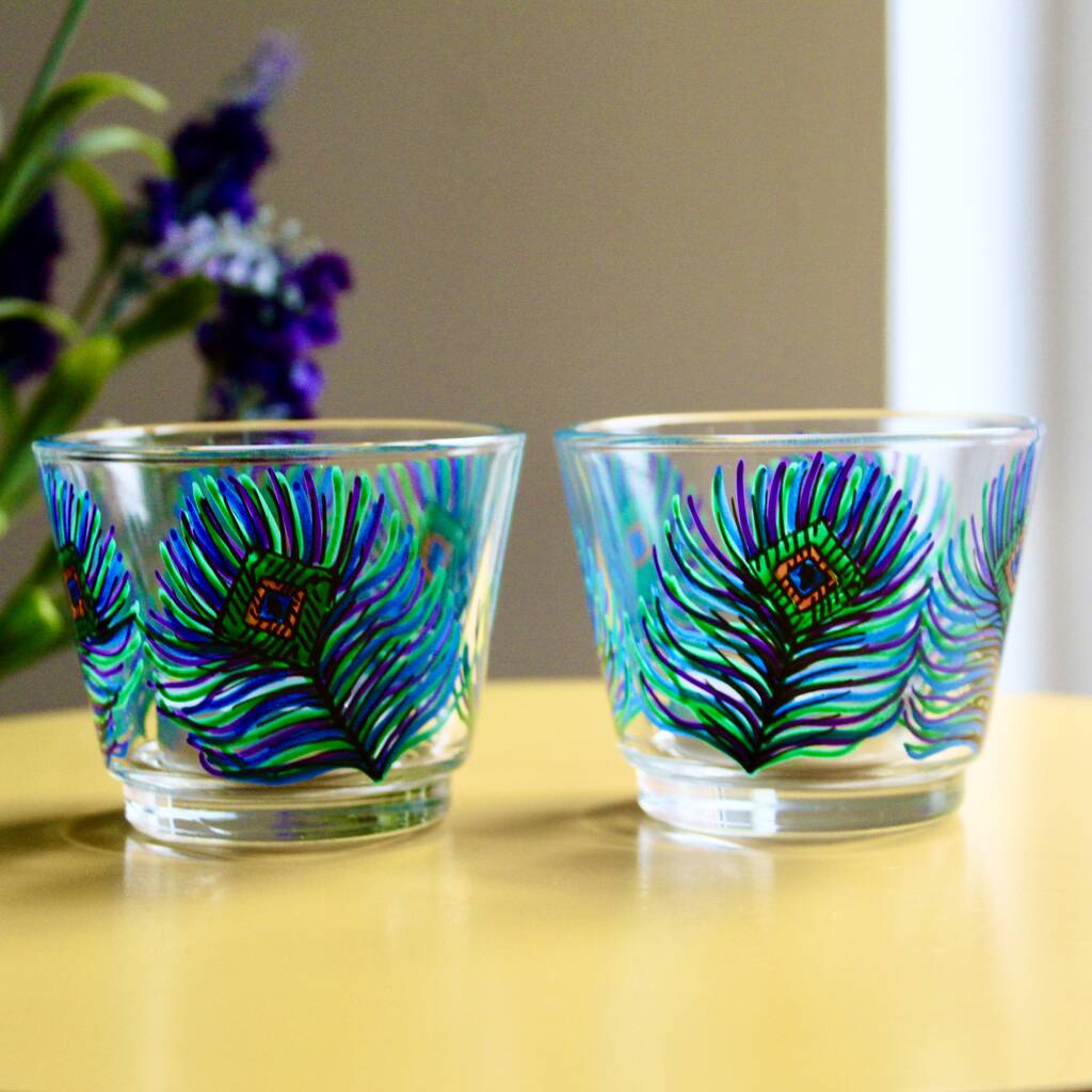 Peacock Feather Hand Painted Glass Tea Light Holders, 1 of 5