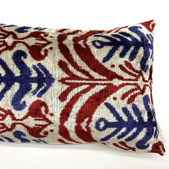 Oblong Velvet Ikat Cushion Red And Navy Abstract, 6 of 11
