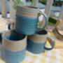 Set Of Four Reactive Glaze Brûlée Mugs In Light Blue And Grey Mist, thumbnail 1 of 10