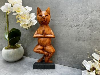32cm Handcarved One Leg Yoga Cat Wooden Ornament Gift, 3 of 12